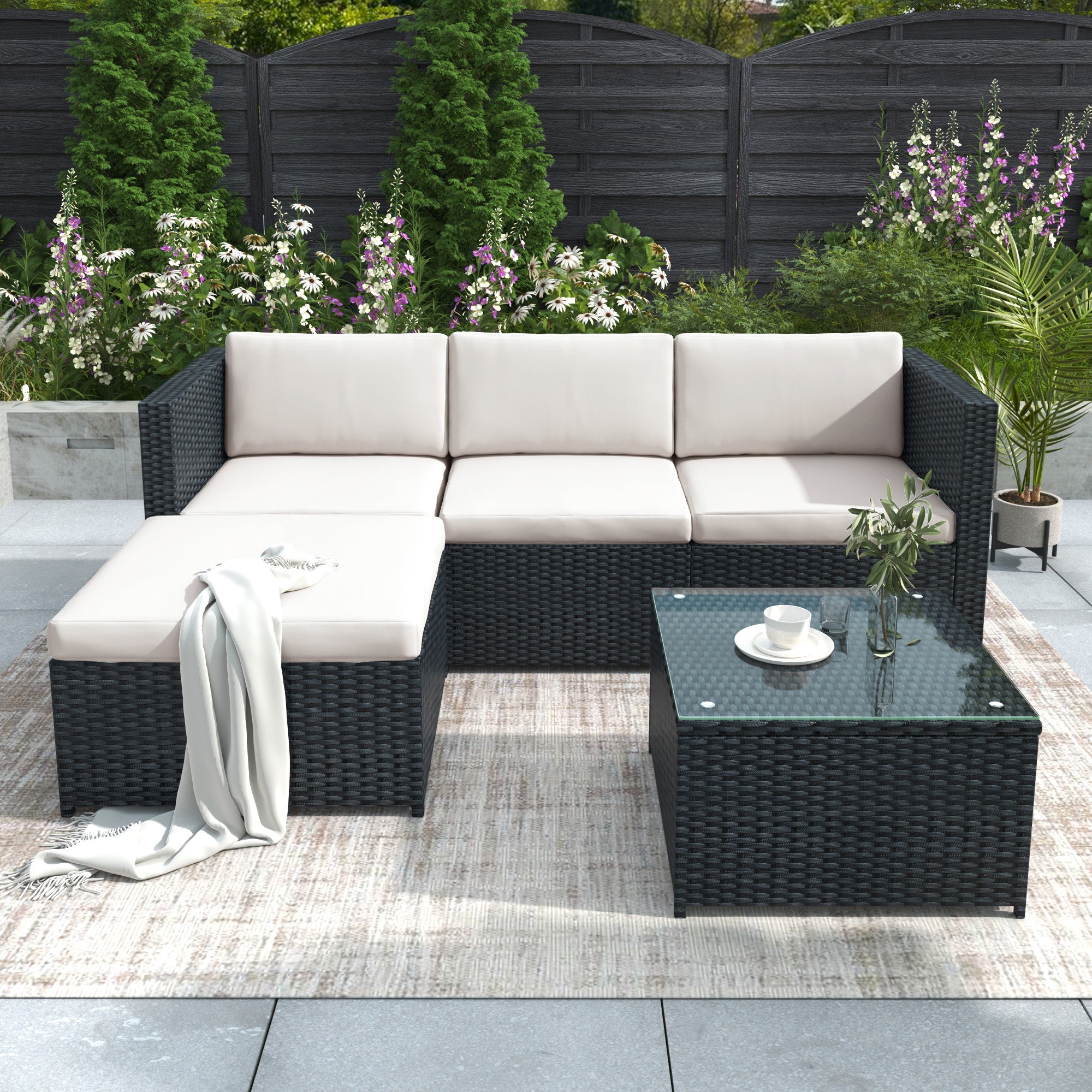 Black Rattan Garden Corner Sofa Set – Outdoor Patio Lounge Furniture