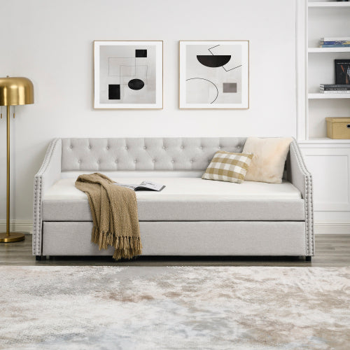 Upholstered Tufted Double Sofa Bed with Pull-Out Roller – Beige