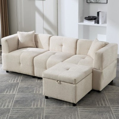L-Shaped Sectional Sofa with Storage Ottoman & 2 Pillows – Beige, 80"