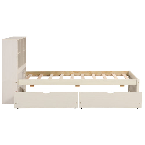 Twin Bed Frame with Bookcase Headboard, USB Port & 2 Storage Drawers – White Washed