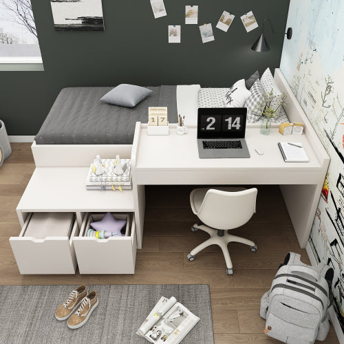 Kids Single Bed With Desk And Drawers, 90 X190 Cm, White, 3ft Kids Wooden Bed With Storage, Single Bed With Slatted Frame, Lying Surface For Teenagers & Adults