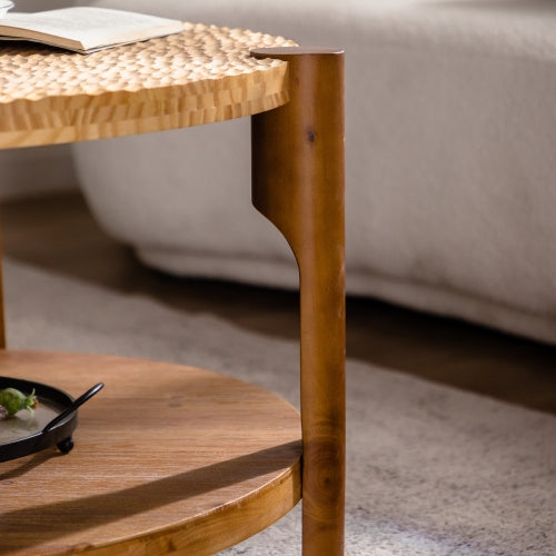 2-Tier Round Coffee Table with Solid Wood Legs & Storage Shelf – Natural Wood