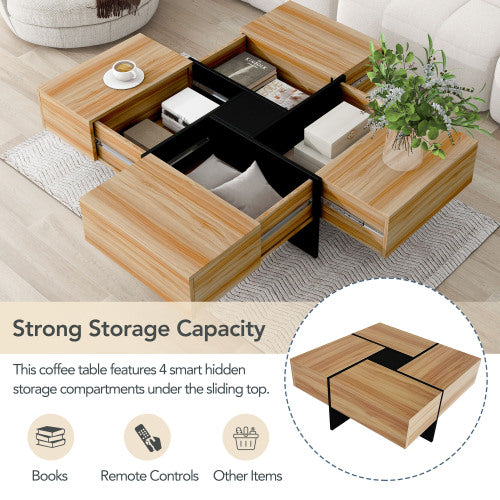 Square Coffee Table with 4 Hidden Storage Compartments & Sliding Top – Brown