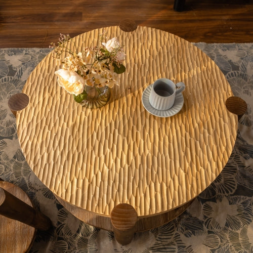 2-Tier Round Coffee Table with Solid Wood Legs & Storage Shelf – Natural Wood