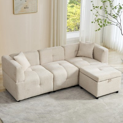 L-Shaped Sectional Sofa with Storage Ottoman & 2 Pillows – Beige, 80"