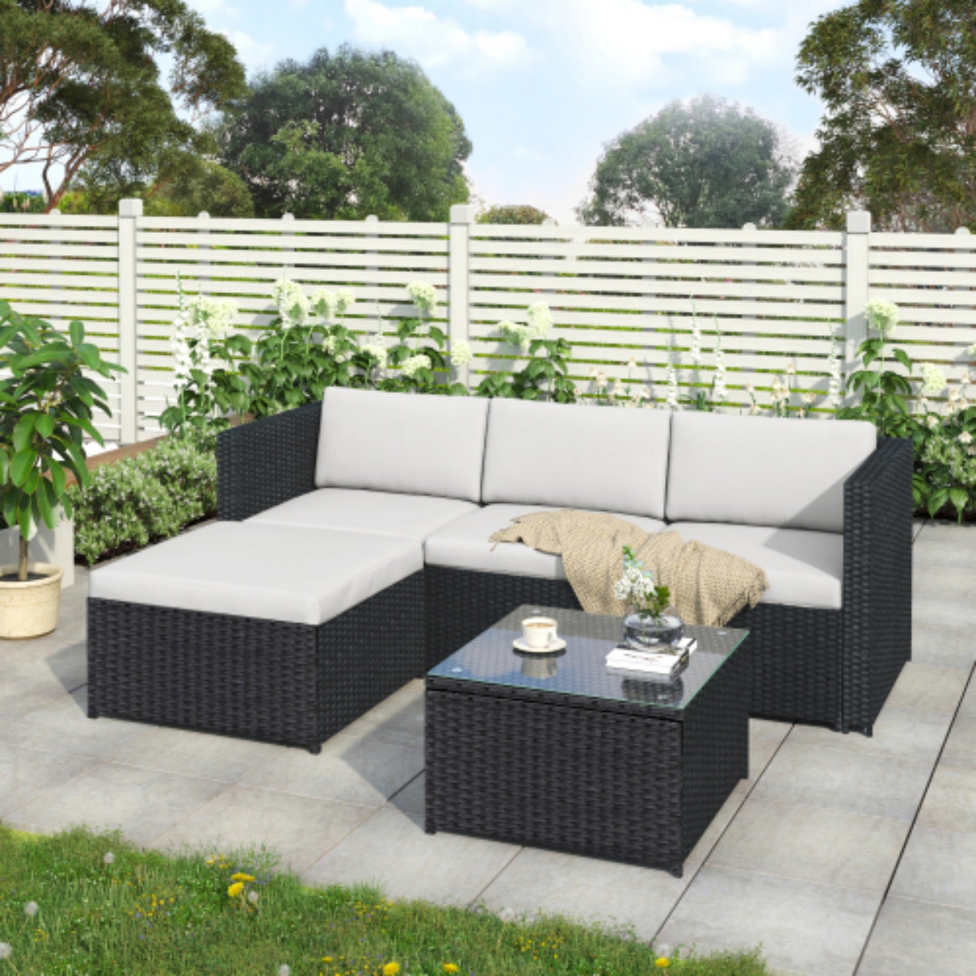 Black Rattan Garden Corner Sofa Set – Outdoor Patio Lounge Furniture