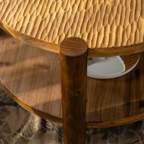 2-Tier Round Coffee Table with Solid Wood Legs & Storage Shelf – Natural Wood