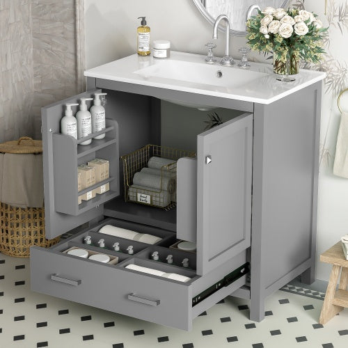 30" Gray Bathroom Vanity with Undermount Sink, 2 Doors & Drawer – Solid Wood Frame