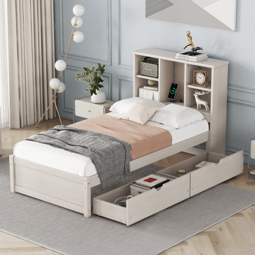 Twin Bed Frame with Bookcase Headboard, USB Port & 2 Storage Drawers – White Washed