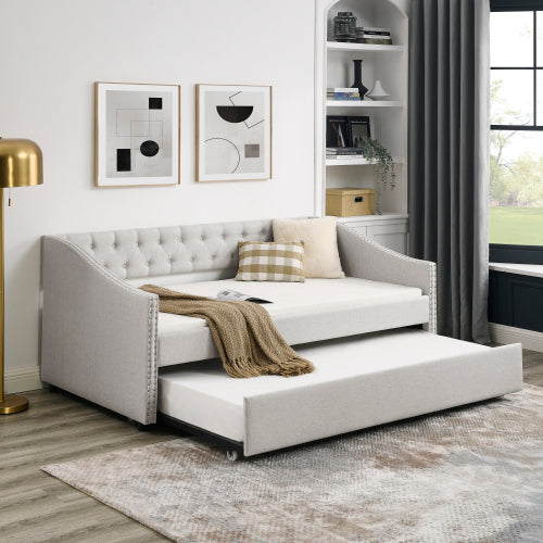 Upholstered Tufted Double Sofa Bed with Pull-Out Roller – Beige