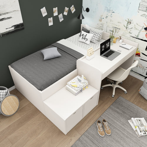 Kids Single Bed With Desk And Drawers, 90 X190 Cm, White, 3ft Kids Wooden Bed With Storage, Single Bed With Slatted Frame, Lying Surface For Teenagers & Adults