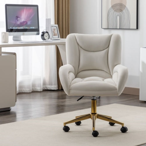 Velvet Swivel Home Office Chair with Gold Legs – Adjustable Height, Ivory