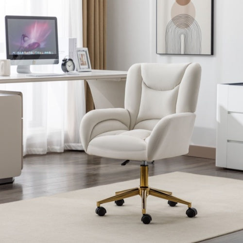 Velvet Swivel Home Office Chair with Gold Legs – Adjustable Height, Ivory