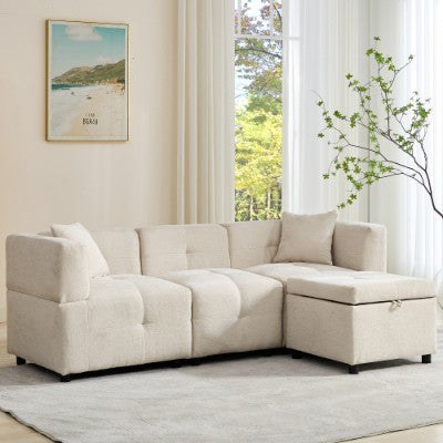 L-Shaped Sectional Sofa with Storage Ottoman & 2 Pillows – Beige, 80"