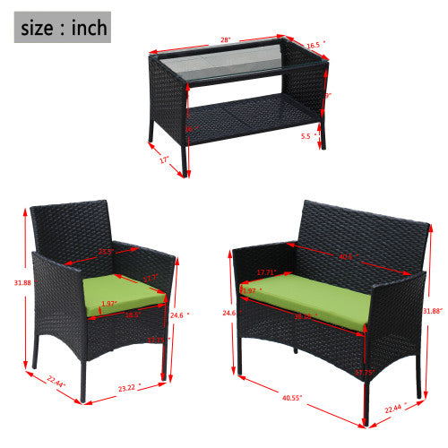 4 PC Rattan Patio Furniture Set Outdoor Patio Cushioned Seat Wicker Sofa Green Cushion