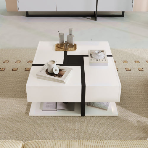 Square Coffee Table with 4 Drawers & Bottom Shelf – 78x78cm, White