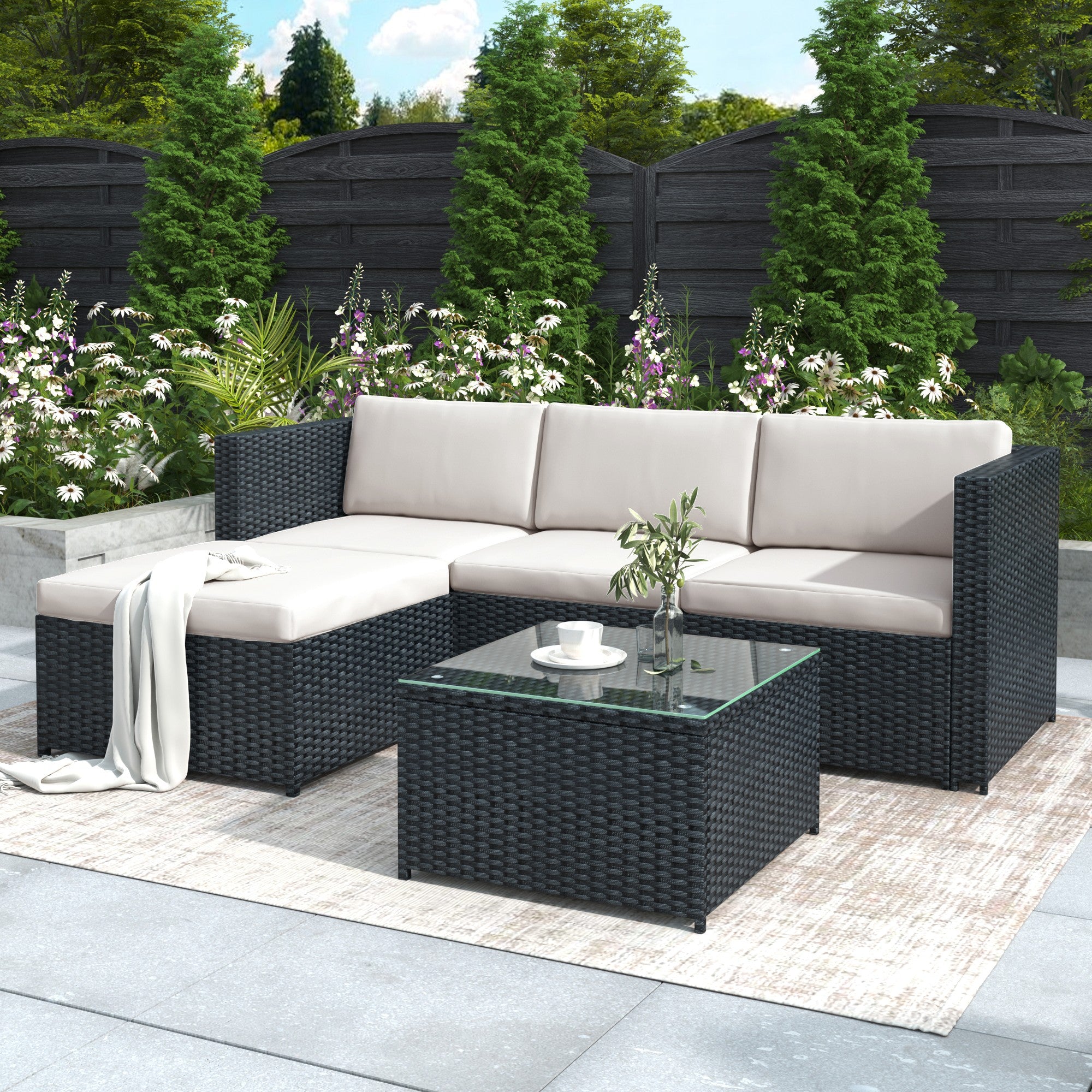 Black Rattan Garden Corner Sofa Set – Outdoor Patio Lounge Furniture