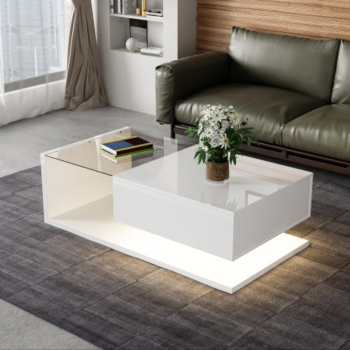 High-Gloss White Coffee Table with Tempered Glass & LED Lights