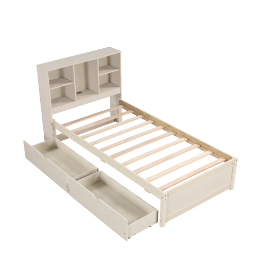Twin Bed Frame with Bookcase Headboard, USB Port & 2 Storage Drawers – White Washed