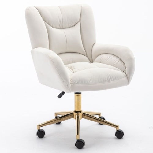 Velvet Swivel Home Office Chair with Gold Legs – Adjustable Height, Ivory