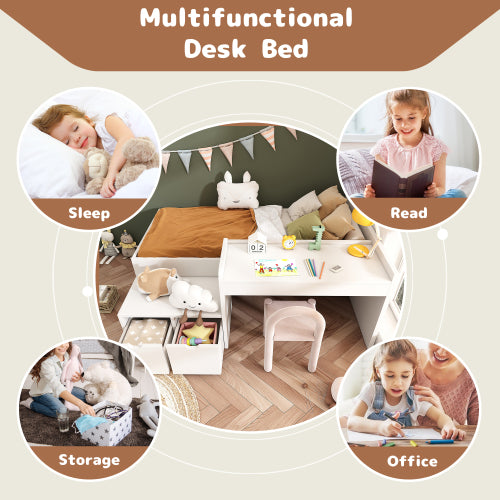 Kids Single Bed With Desk And Drawers, 90 X190 Cm, White, 3ft Kids Wooden Bed With Storage, Single Bed With Slatted Frame, Lying Surface For Teenagers & Adults