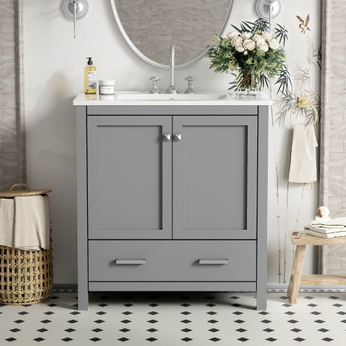 30" Gray Bathroom Vanity with Undermount Sink, 2 Doors & Drawer – Solid Wood Frame