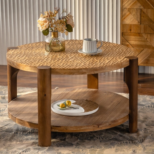 2-Tier Round Coffee Table with Solid Wood Legs & Storage Shelf – Natural Wood