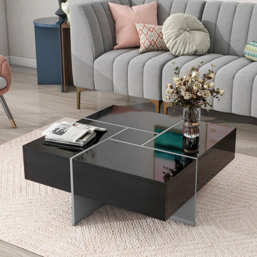 Square Coffee Table with 4 Hidden Storage Compartments & Sliding Top – Black