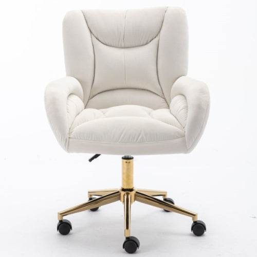 Velvet Swivel Home Office Chair with Gold Legs – Adjustable Height, Ivory