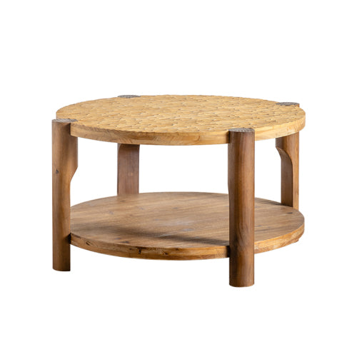 2-Tier Round Coffee Table with Solid Wood Legs & Storage Shelf – Natural Wood