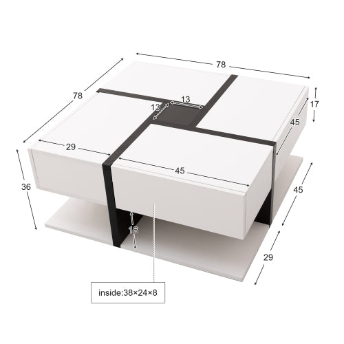 Square Coffee Table with 4 Drawers & Bottom Shelf – 78x78cm, White