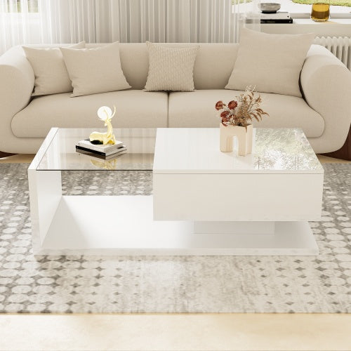 High-Gloss White Coffee Table with Tempered Glass & LED Lights