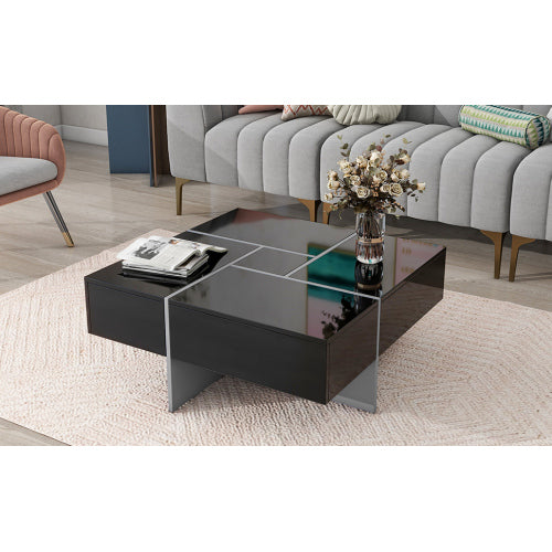 Square Coffee Table with 4 Hidden Storage Compartments & Sliding Top – Black