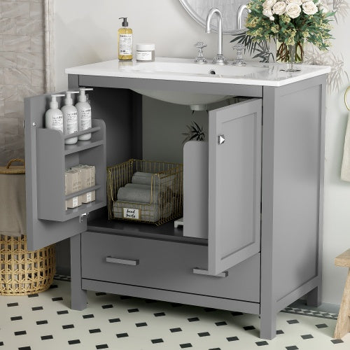 30" Gray Bathroom Vanity with Undermount Sink, 2 Doors & Drawer – Solid Wood Frame