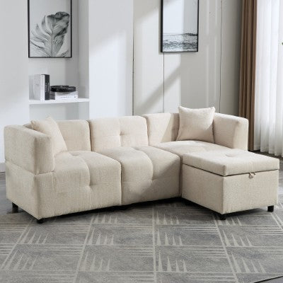 L-Shaped Sectional Sofa with Storage Ottoman & 2 Pillows – Beige, 80"