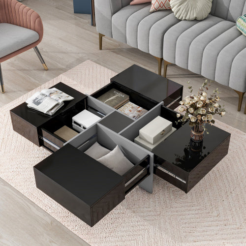 Square Coffee Table with 4 Hidden Storage Compartments & Sliding Top – Black