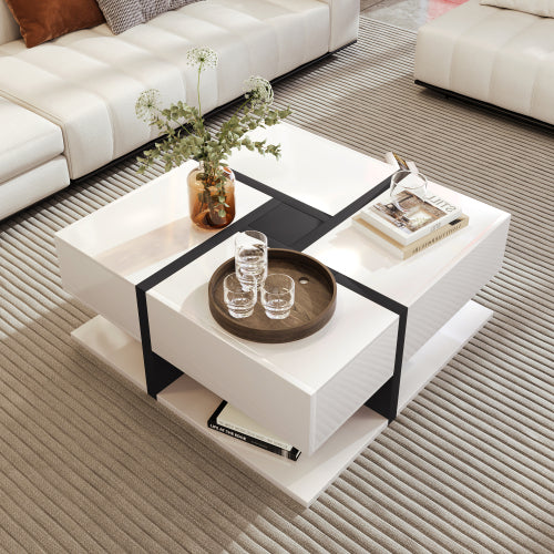 Square Coffee Table with 4 Drawers & Bottom Shelf – 78x78cm, White
