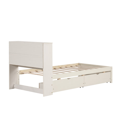 Twin Bed Frame with Bookcase Headboard, USB Port & 2 Storage Drawers – White Washed