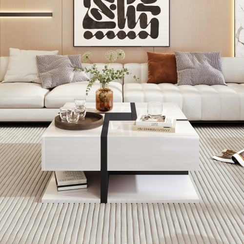 Square Coffee Table with 4 Drawers & Bottom Shelf – 78x78cm, White