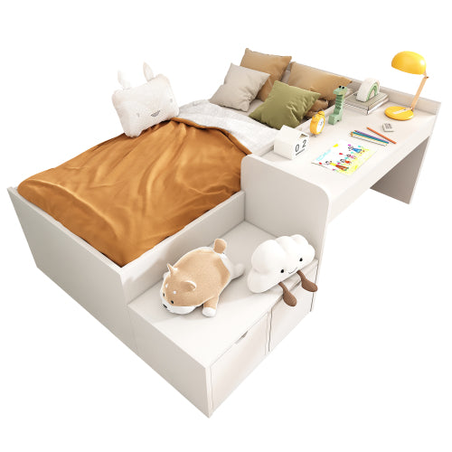 Kids Single Bed With Desk And Drawers, 90 X190 Cm, White, 3ft Kids Wooden Bed With Storage, Single Bed With Slatted Frame, Lying Surface For Teenagers & Adults
