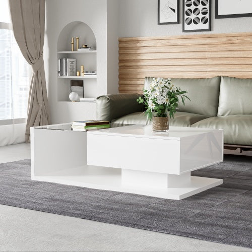 High-Gloss White Coffee Table with Tempered Glass & LED Lights