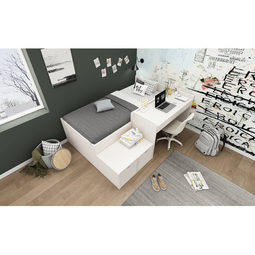 Kids Single Bed With Desk And Drawers, 90 X190 Cm, White, 3ft Kids Wooden Bed With Storage, Single Bed With Slatted Frame, Lying Surface For Teenagers & Adults