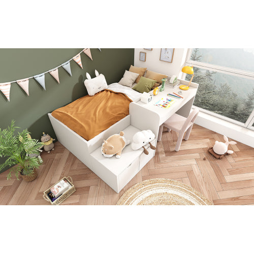 Kids Single Bed With Desk And Drawers, 90 X190 Cm, White, 3ft Kids Wooden Bed With Storage, Single Bed With Slatted Frame, Lying Surface For Teenagers & Adults