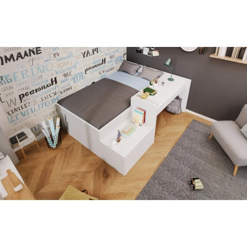 Kids Single Bed With Desk And Drawers, 90 X190 Cm, White, 3ft Kids Wooden Bed With Storage, Single Bed With Slatted Frame, Lying Surface For Teenagers & Adults