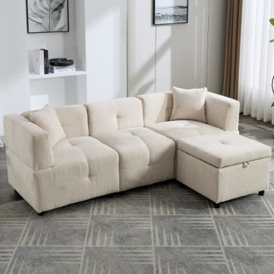 L-Shaped Sectional Sofa with Storage Ottoman & 2 Pillows – Beige, 80"