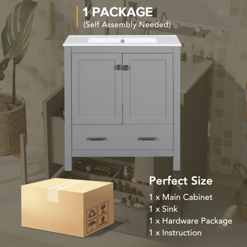 30" Gray Bathroom Vanity with Undermount Sink, 2 Doors & Drawer – Solid Wood Frame