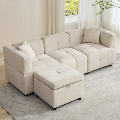 L-Shaped Sectional Sofa with Storage Ottoman & 2 Pillows – Beige, 80"