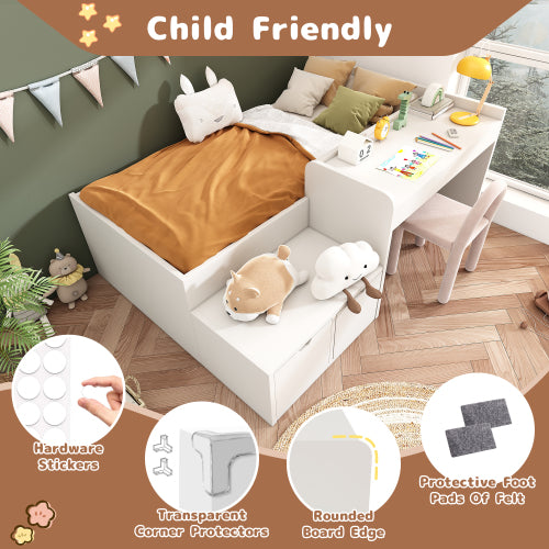 Kids Single Bed With Desk And Drawers, 90 X190 Cm, White, 3ft Kids Wooden Bed With Storage, Single Bed With Slatted Frame, Lying Surface For Teenagers & Adults