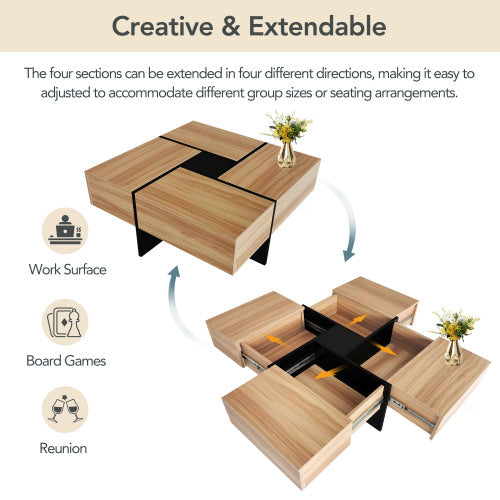 Square Coffee Table with 4 Hidden Storage Compartments & Sliding Top – Brown