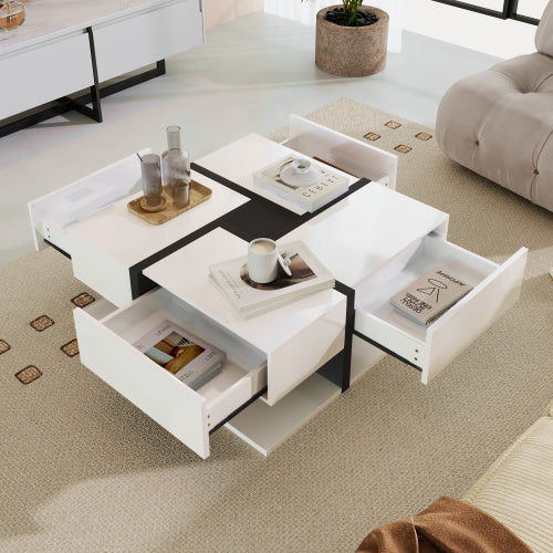Square Coffee Table with 4 Drawers & Bottom Shelf – 78x78cm, White